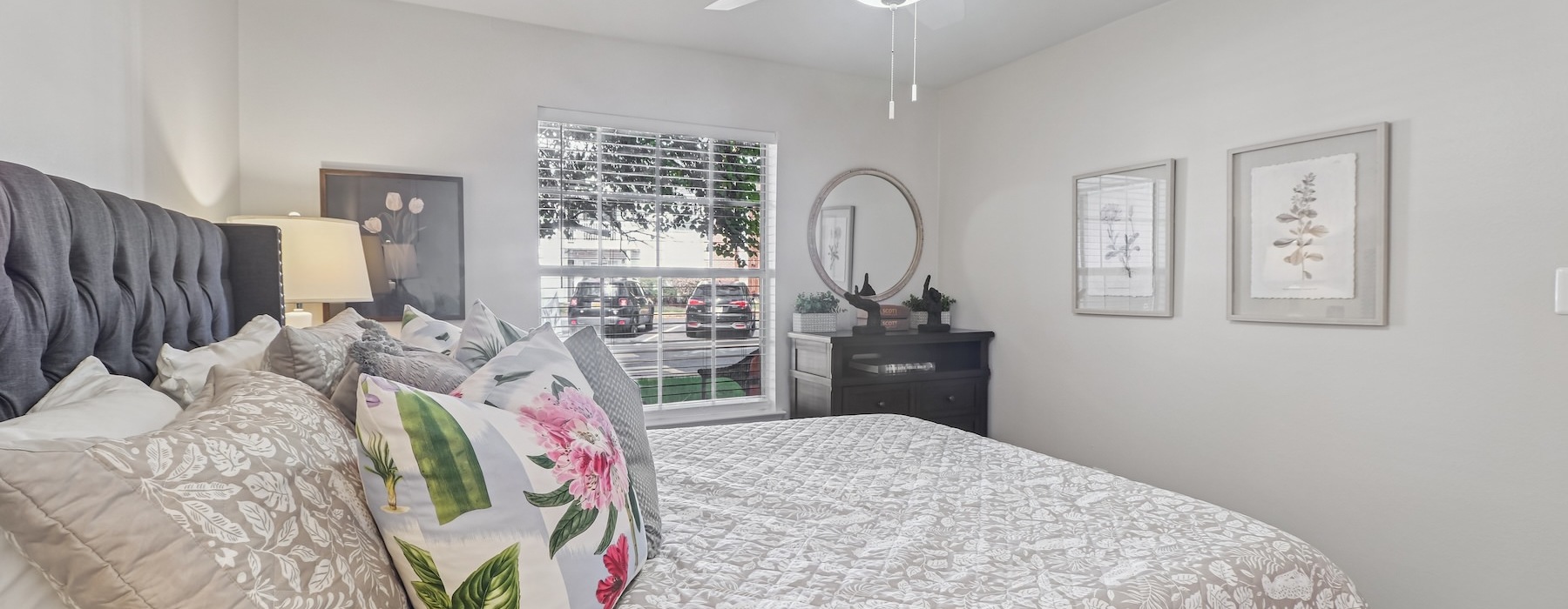 Bedroom with natural lighting and high ceilings